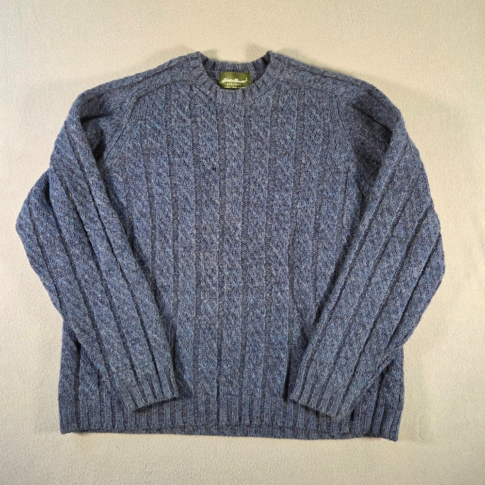 Eddie Bauer Sweater Mens XL Blue Wool Cable Knit Fisherman Crewneck Ribbed